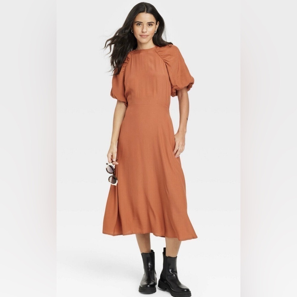 NEW A New Day Puff Sleeve Long Midi Ruched Dress Womens Crew Neck Tie Back Sz L